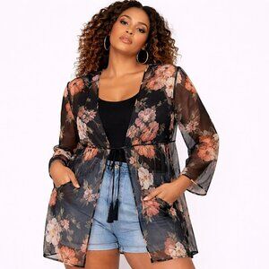 H&M Sheer Floral Cover-Up Dress Tunic XL Black Orange Tie Front Lightweight